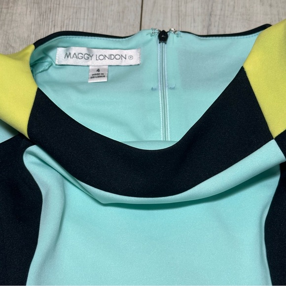 Maggy London Colorblock Sheath Dress Black Aqua Yellow cocktail Modern Chic sz 4 - Picture 4 of 6